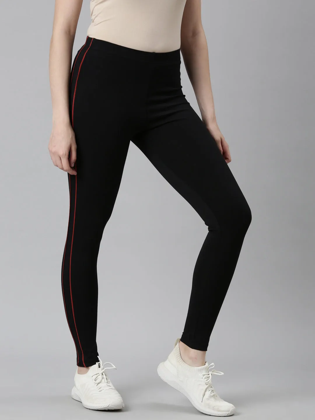 Black Cotton Stretch Side Stripes Active Leggings