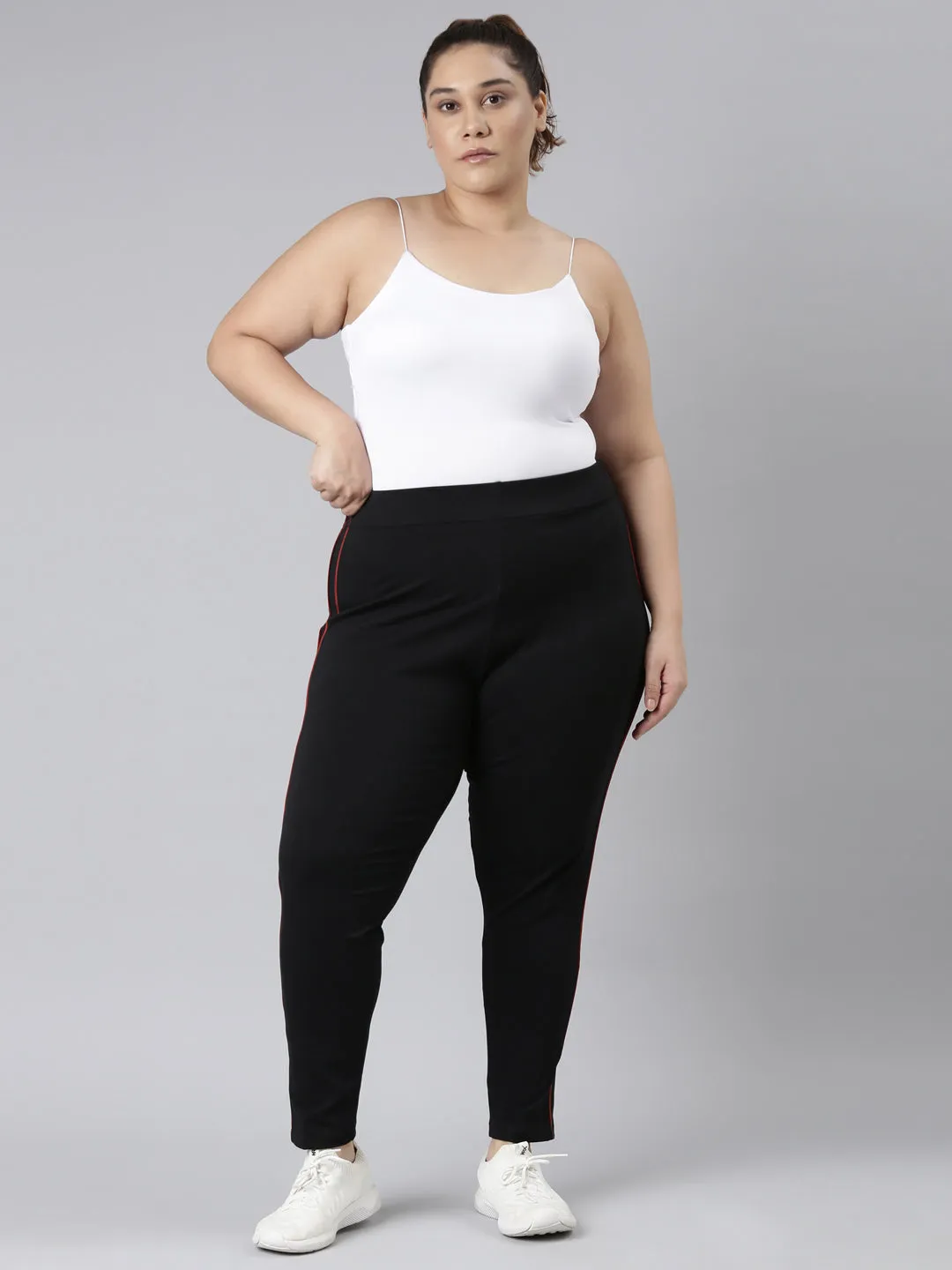 Black Cotton Stretch Side Stripes Active Leggings