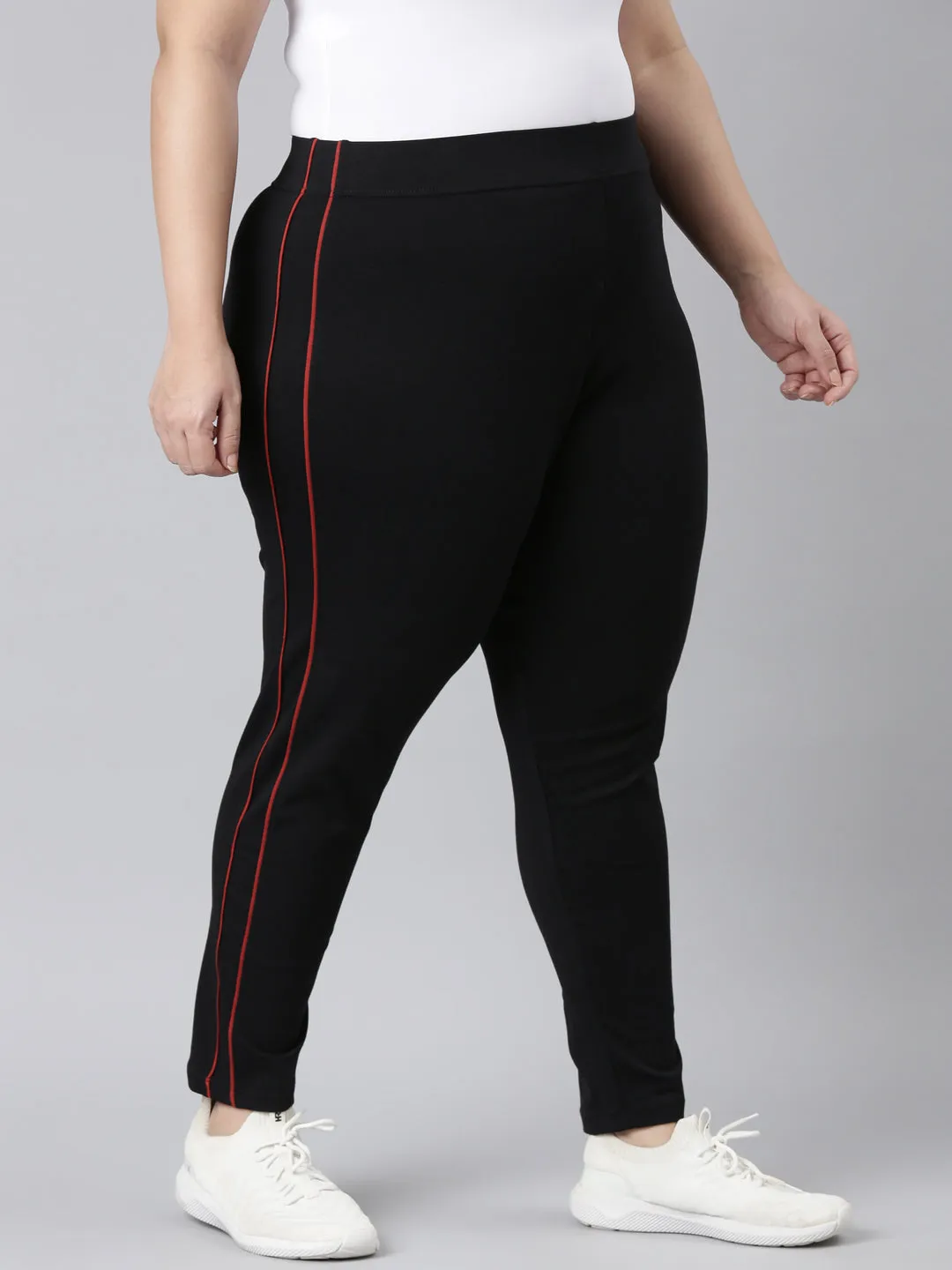 Black Cotton Stretch Side Stripes Active Leggings