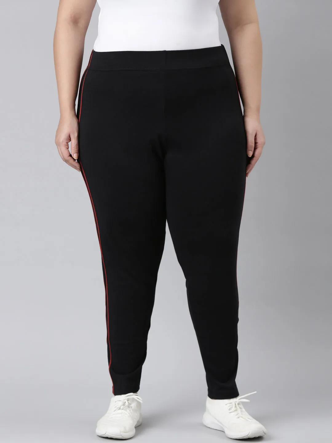 Black Cotton Stretch Side Stripes Active Leggings