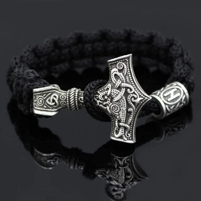 Black Viking Mjolnir Paracord Rune Bracelet