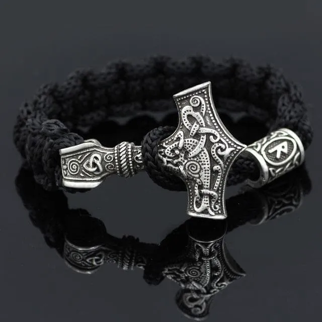 Black Viking Mjolnir Paracord Rune Bracelet