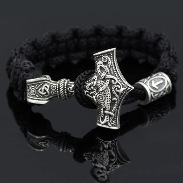 Black Viking Mjolnir Paracord Rune Bracelet