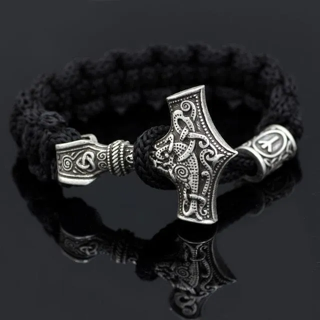 Black Viking Mjolnir Paracord Rune Bracelet