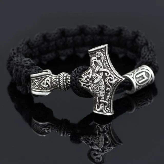 Black Viking Mjolnir Paracord Rune Bracelet