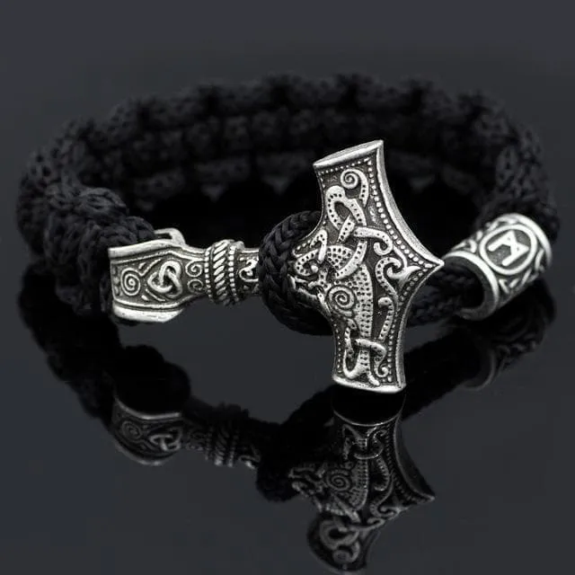 Black Viking Mjolnir Paracord Rune Bracelet
