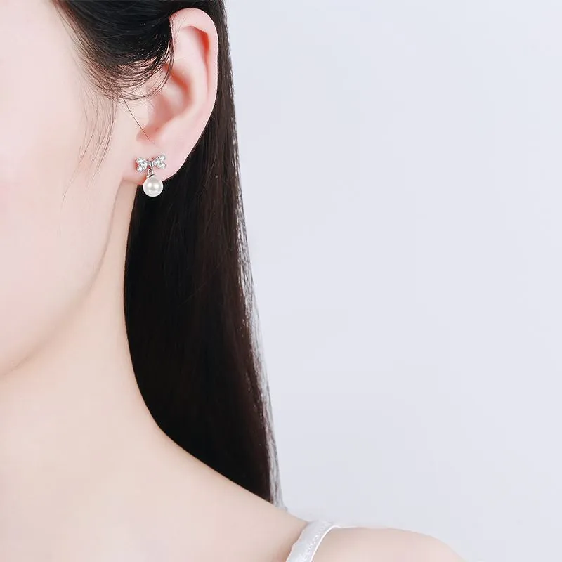 Bow Pearl Studs Earrings, Moissanite Silver Earrings, Pearl Earrings-EM022