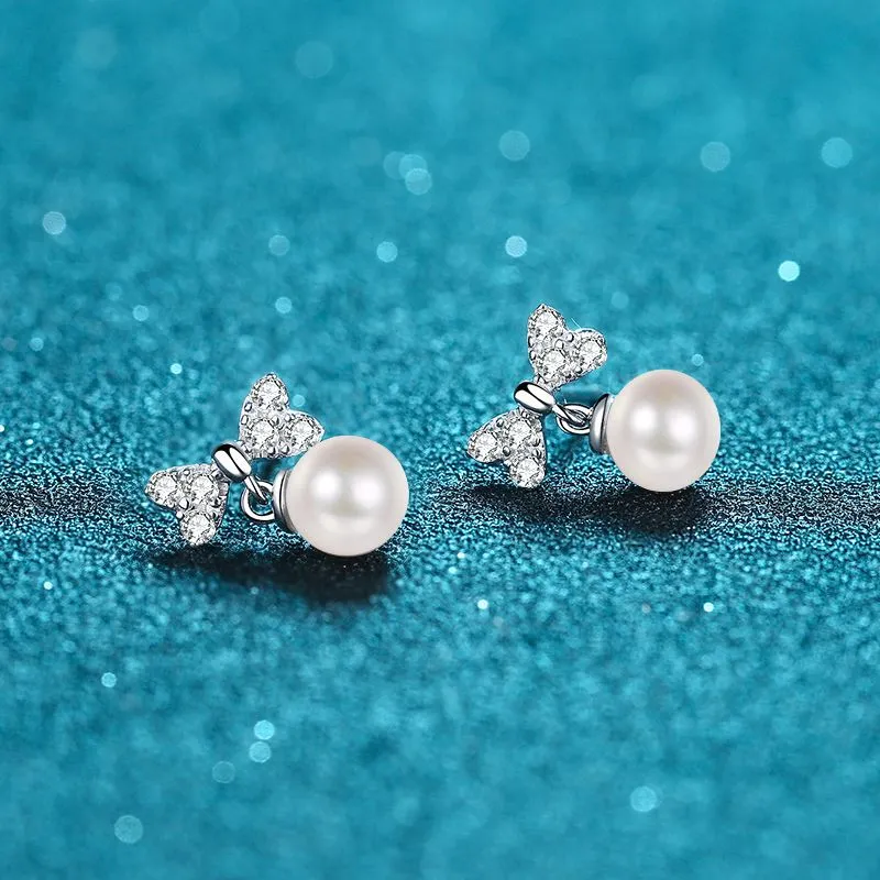 Bow Pearl Studs Earrings, Moissanite Silver Earrings, Pearl Earrings-EM022