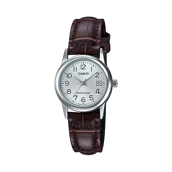 Casio Brown Leather Strap Silver Dial Quartz Watch for Ladies - LTP-V002L-7B2UDF