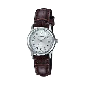 Casio Brown Leather Strap Silver Dial Quartz Watch for Ladies - LTP-V002L-7B2UDF
