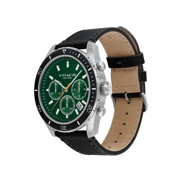 Coach Preston Black Leather Strap Green Dial Chronograph Quartz Watch for Gents - 14602512