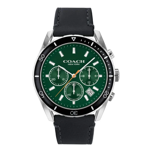 Coach Preston Black Leather Strap Green Dial Chronograph Quartz Watch for Gents - 14602512