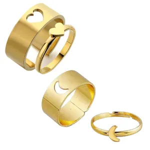 Combo of 2 Golden Half Moon and Heart Couple Ring