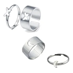 Combo of 2 Silver Half Moon and Butterfly Couple Ring