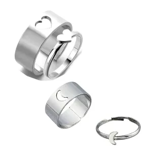 Combo of 2 Silver Half Moon and Heart Couple Ring