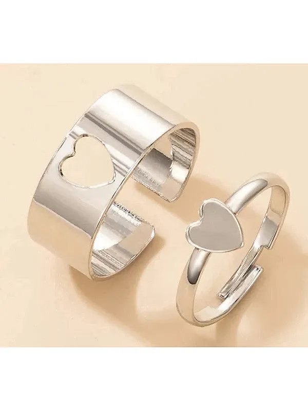 Combo of 2 Silver Half Moon and Heart Couple Ring