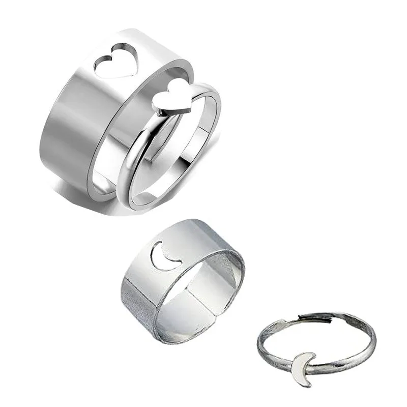 Combo of 2 Silver Half Moon and Heart Couple Ring