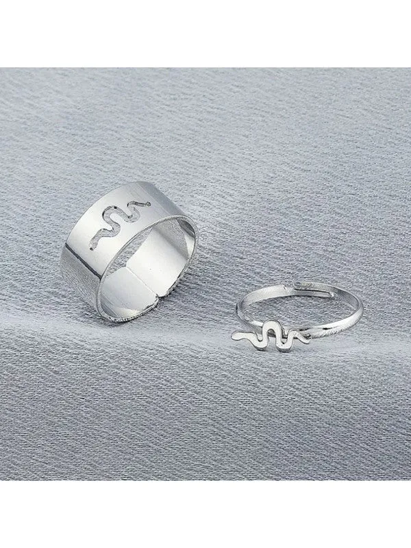 Combo of 2 Silver Half Moon and Snake Couple Ring