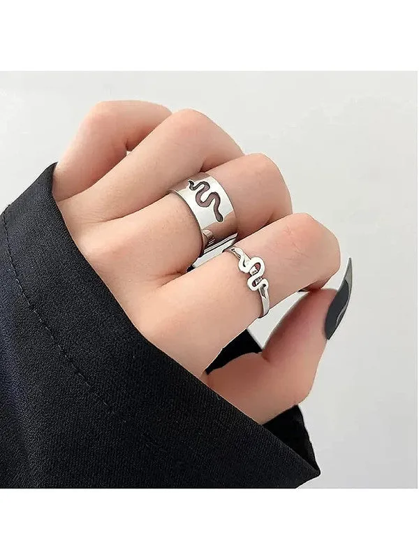 Combo of 2 Silver Half Moon and Snake Couple Ring