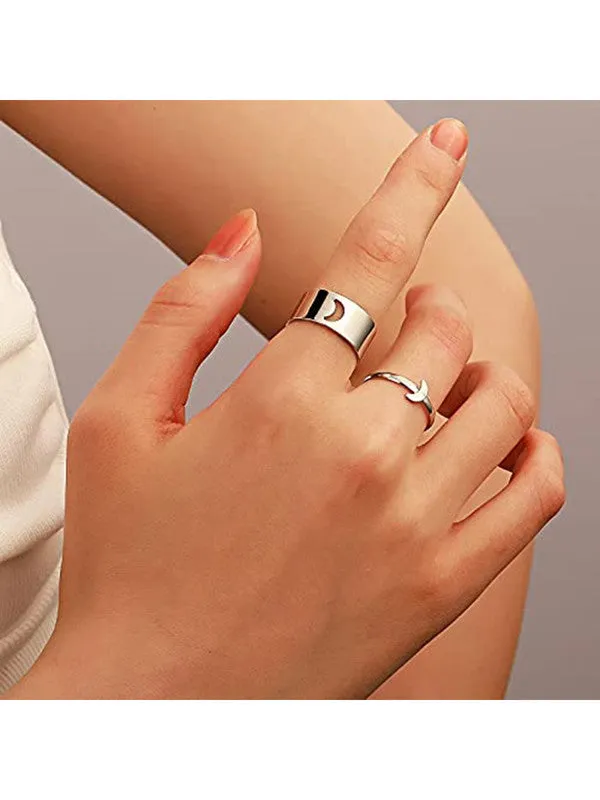 Combo of 2 Silver Half Moon and Snake Couple Ring