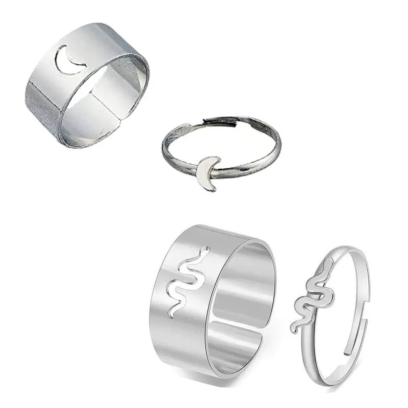 Combo of 2 Silver Half Moon and Snake Couple Ring