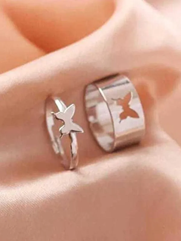 Combo of 2 Silver Heart and Butterfly Couple Ring