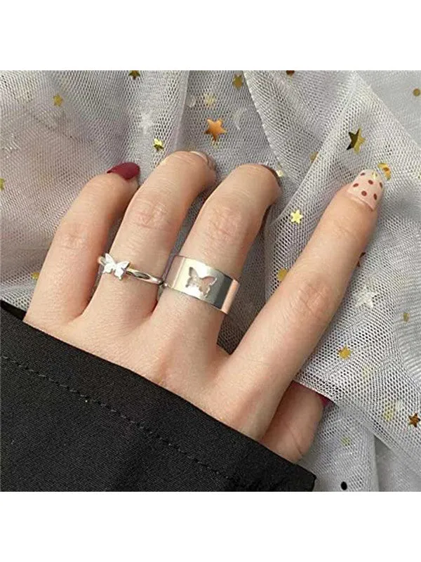 Combo of 2 Silver Heart and Butterfly Couple Ring