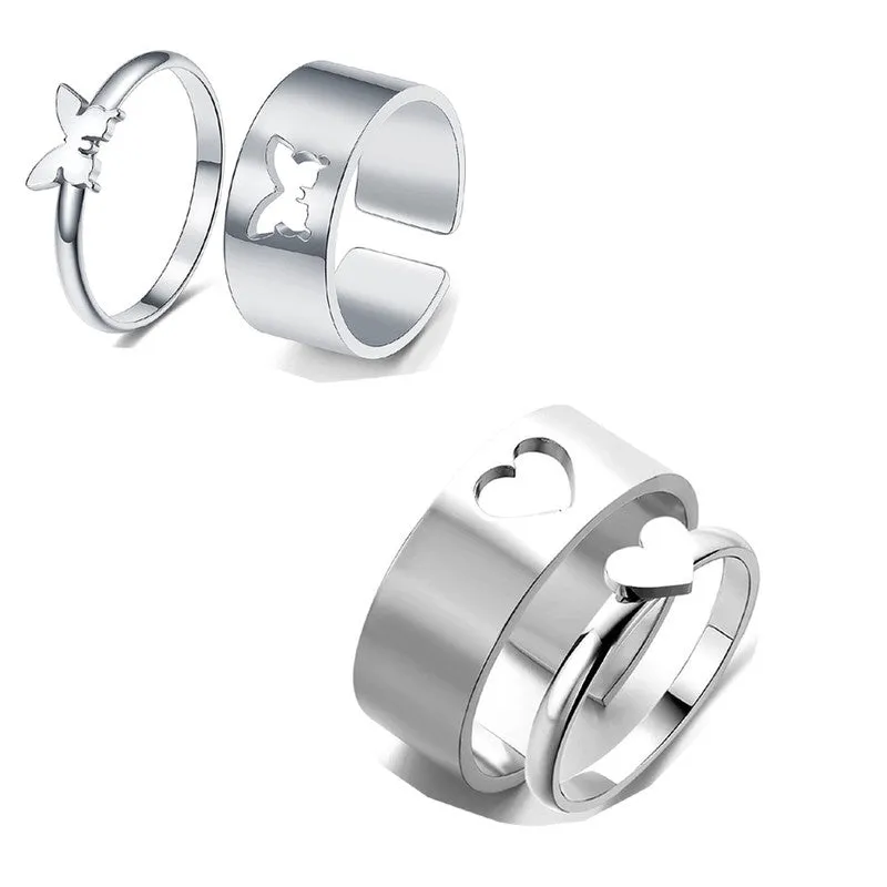 Combo of 2 Silver Heart and Butterfly Couple Ring
