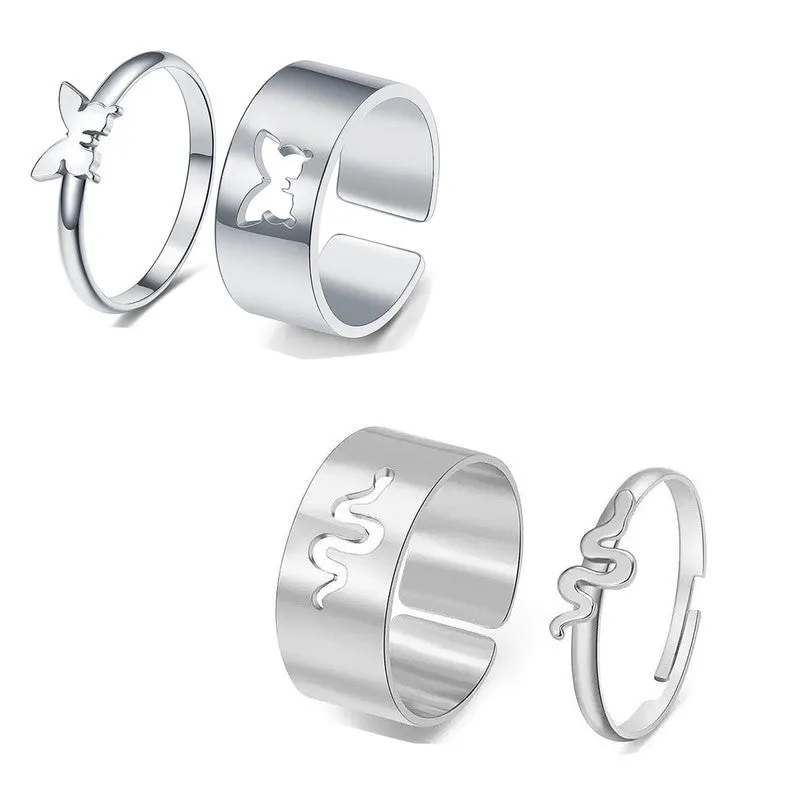 Combo of 2 Silver Snake and Butterfly Couple Ring