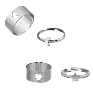 Combo of 2 Silver Star and Half Moon Couple Ring