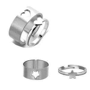 Combo of 2 Silver Star and Heart Matching Couple Ring