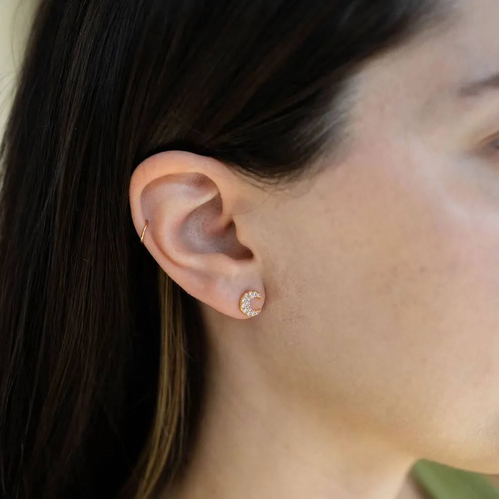 Crescent Moon CZ Diamond Stud Earrings in Gold