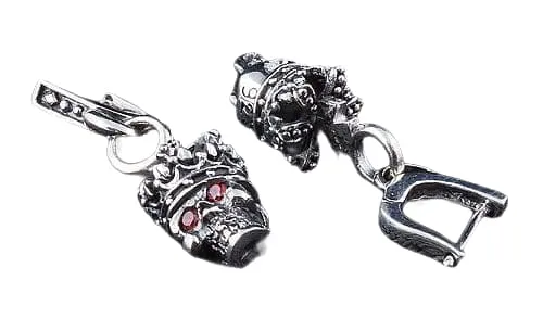 Crown Garnet Skull Sterling Silver Men's Earrings