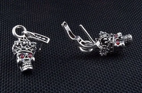 Crown Garnet Skull Sterling Silver Men's Earrings