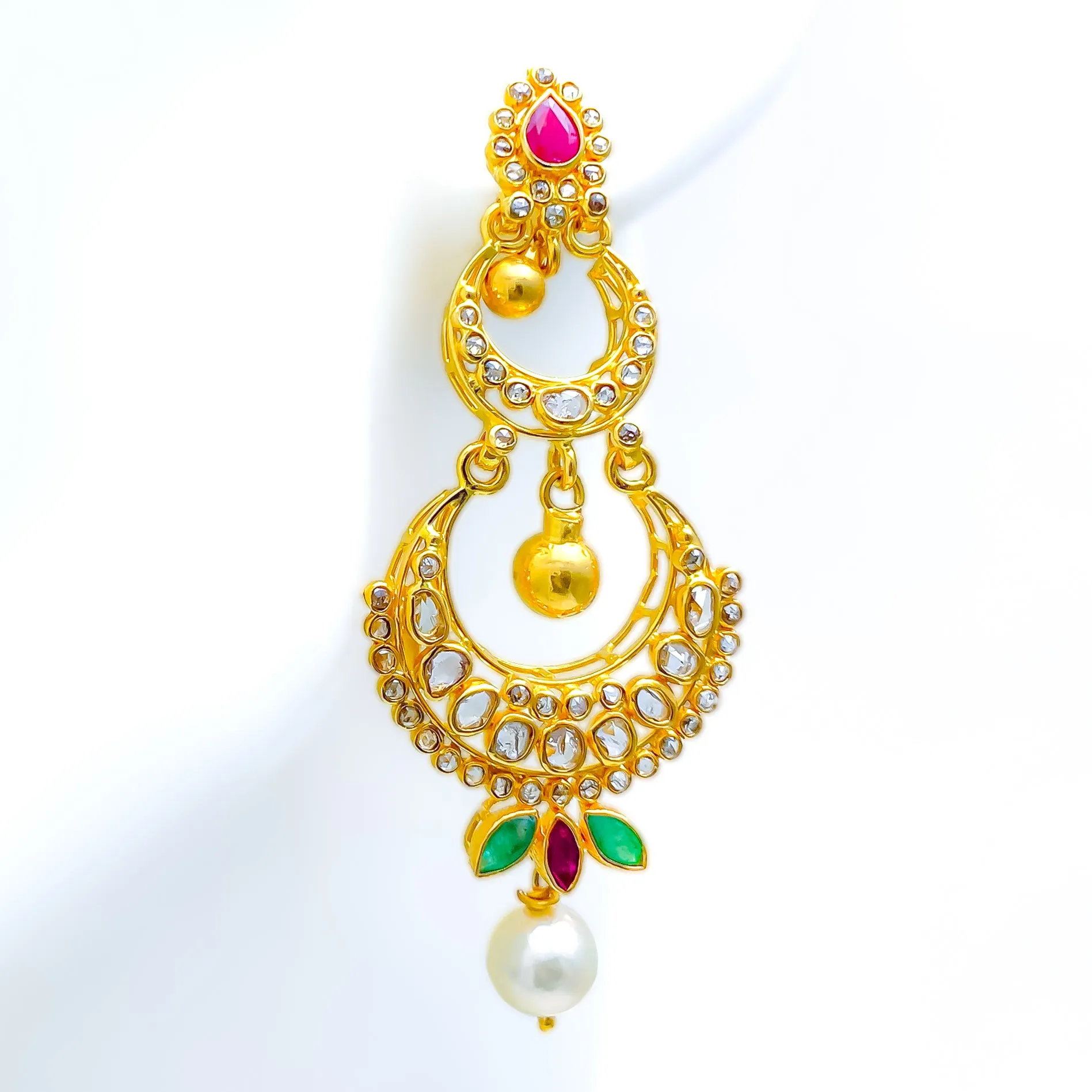 Decadent Dual Crescent Uncut Diamond   22k Gold Hanging Earrings