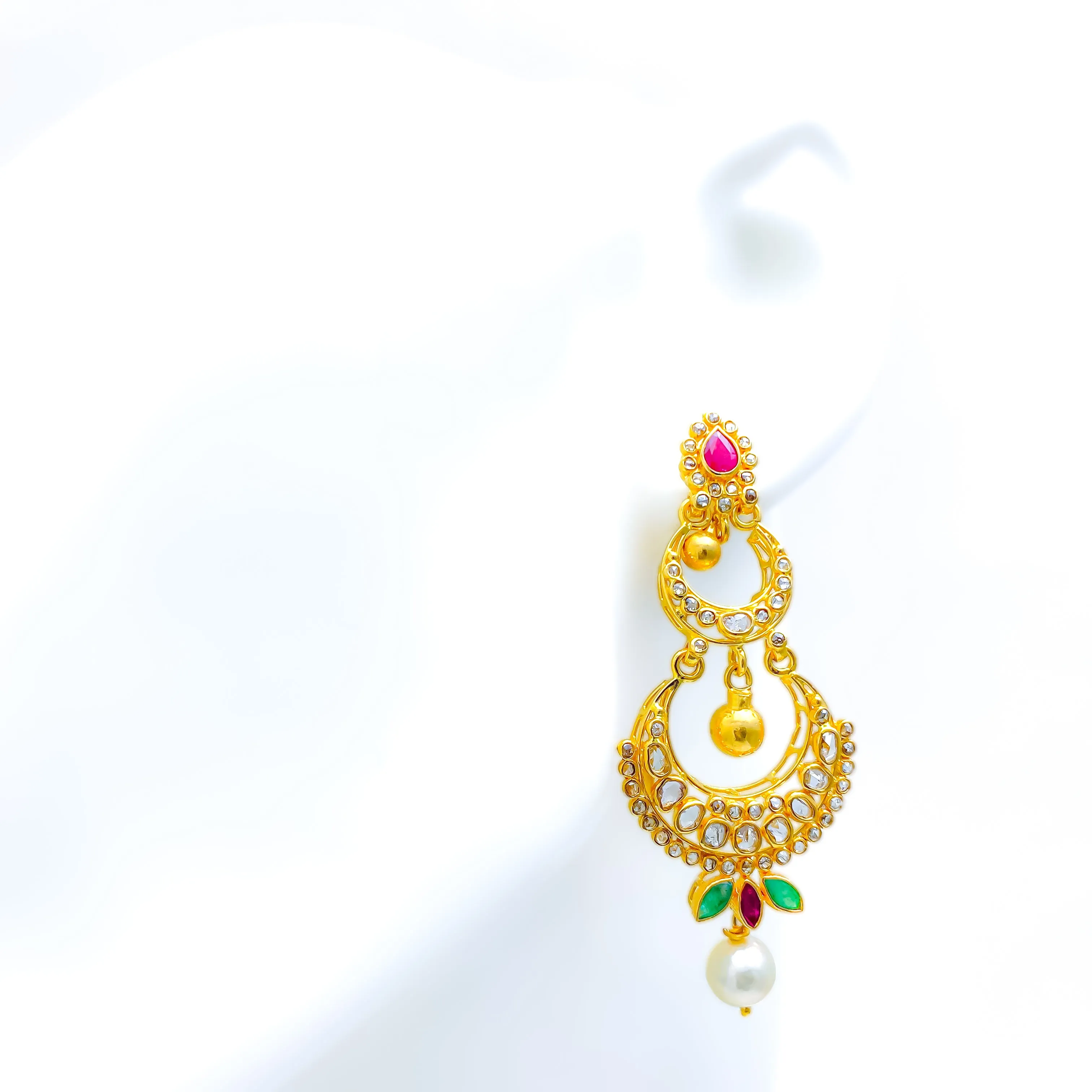 Decadent Dual Crescent Uncut Diamond   22k Gold Hanging Earrings