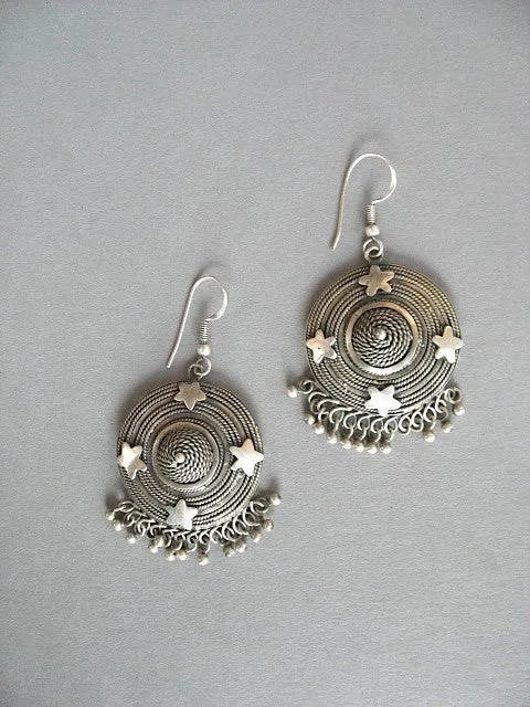 Dramatic, big, round, statement Kashmiri earrings with intricate wire-work