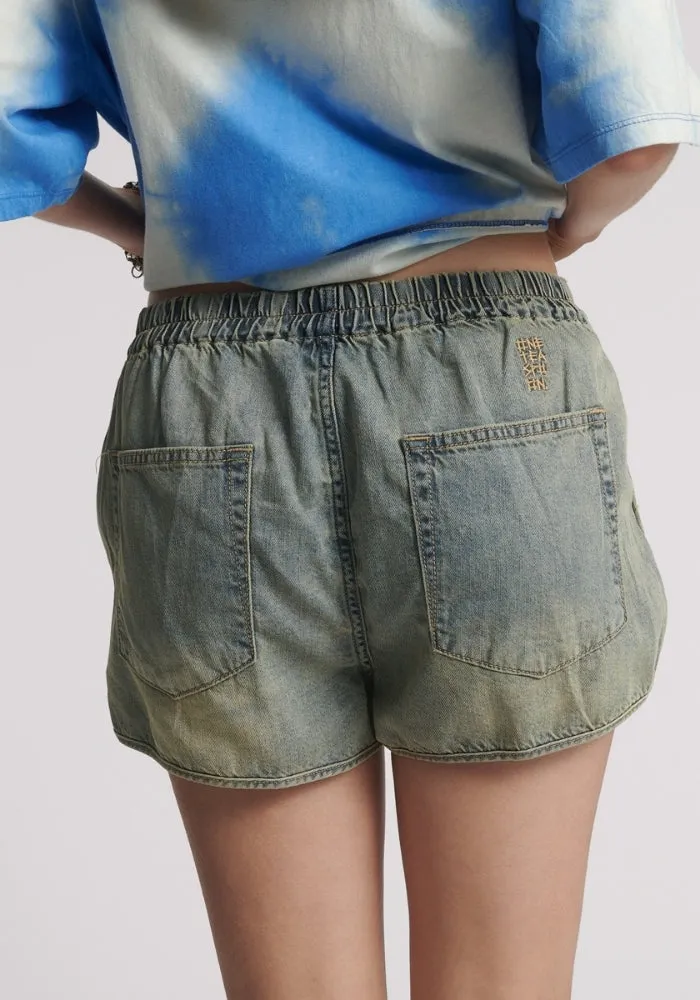 Dylan Low Waist 70s Elasticated Denim Shorts - Blue Sand
