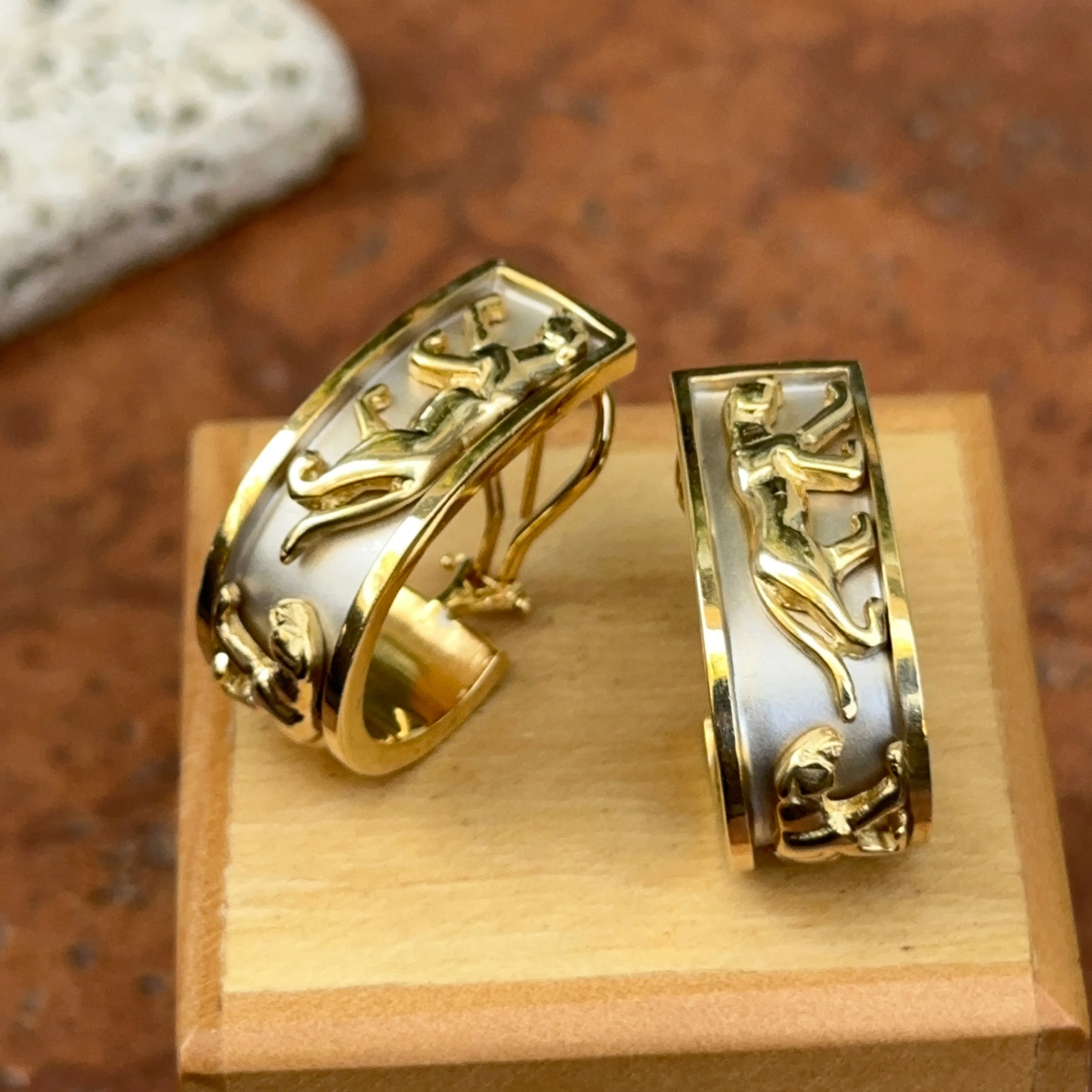 Estate 14KT Yellow   White Gold Panther Raised Design Hoop Earrings