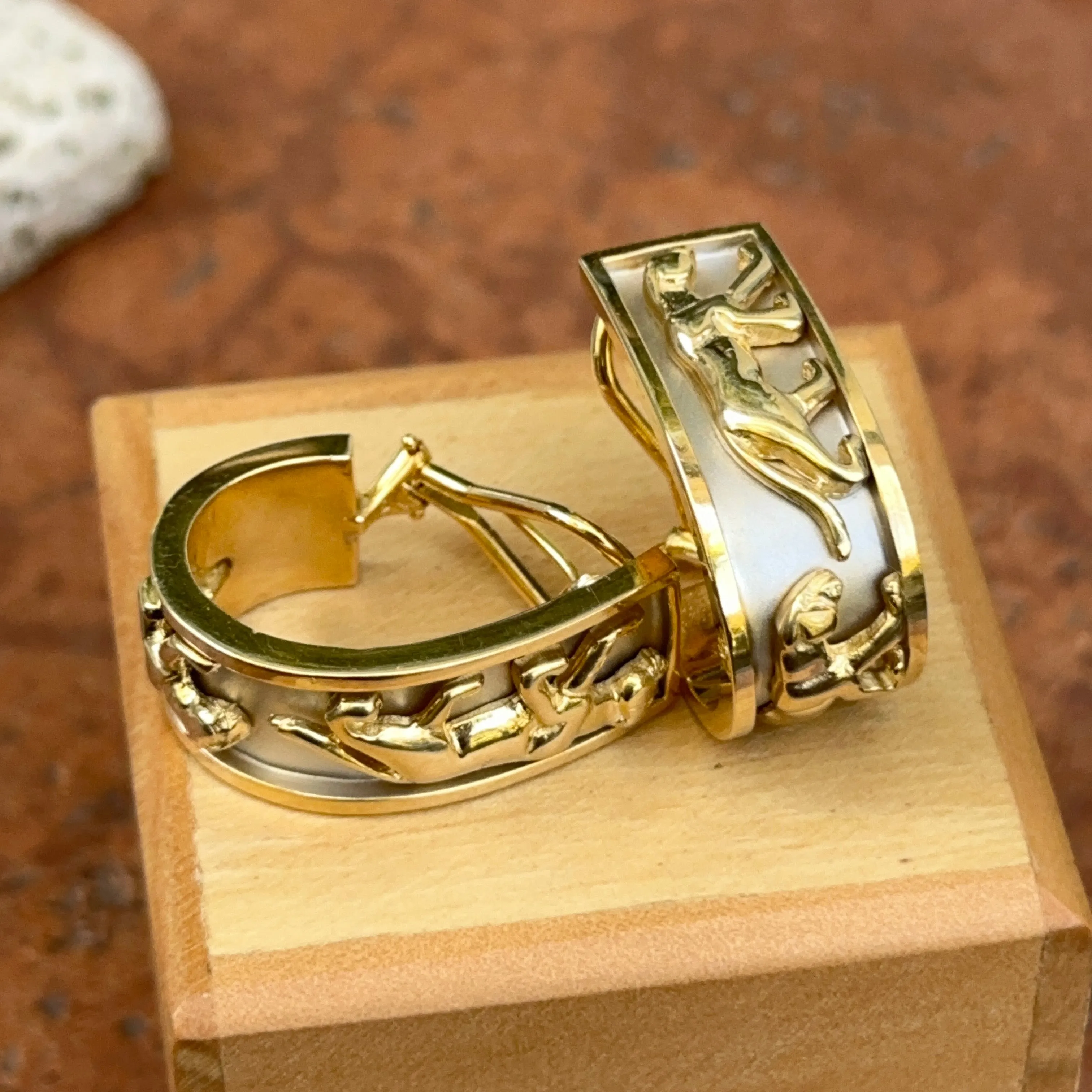 Estate 14KT Yellow   White Gold Panther Raised Design Hoop Earrings