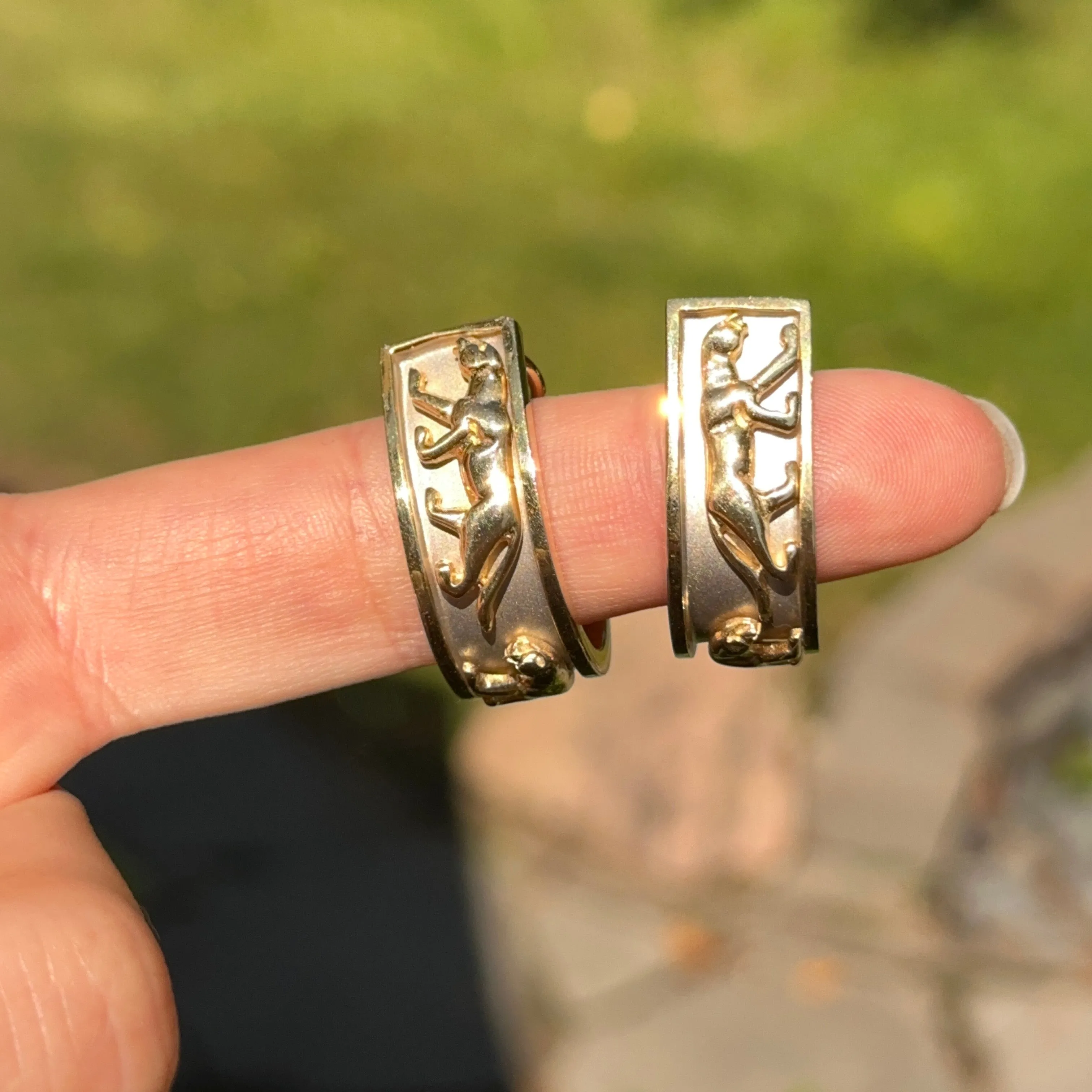 Estate 14KT Yellow   White Gold Panther Raised Design Hoop Earrings