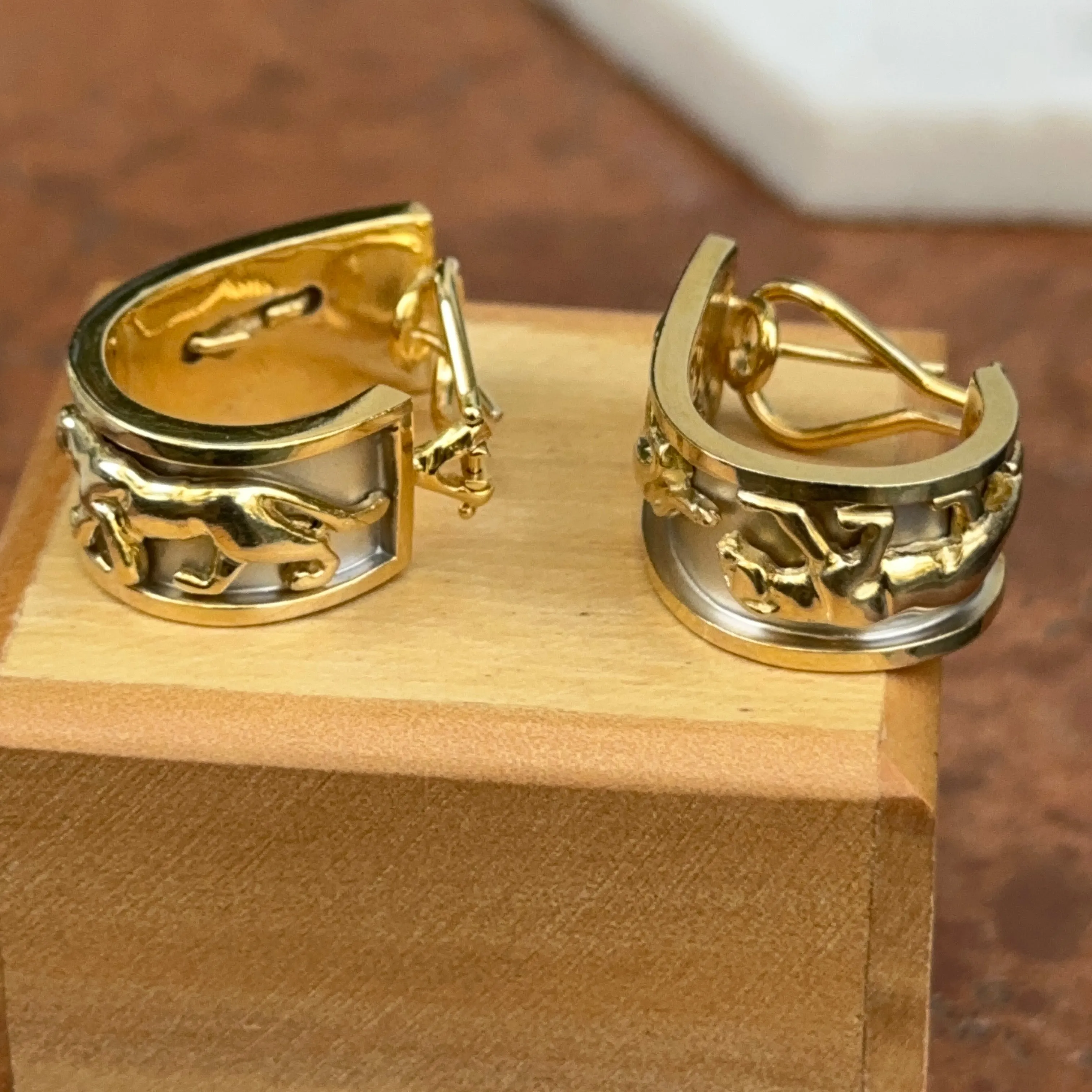 Estate 14KT Yellow   White Gold Panther Raised Design Hoop Earrings