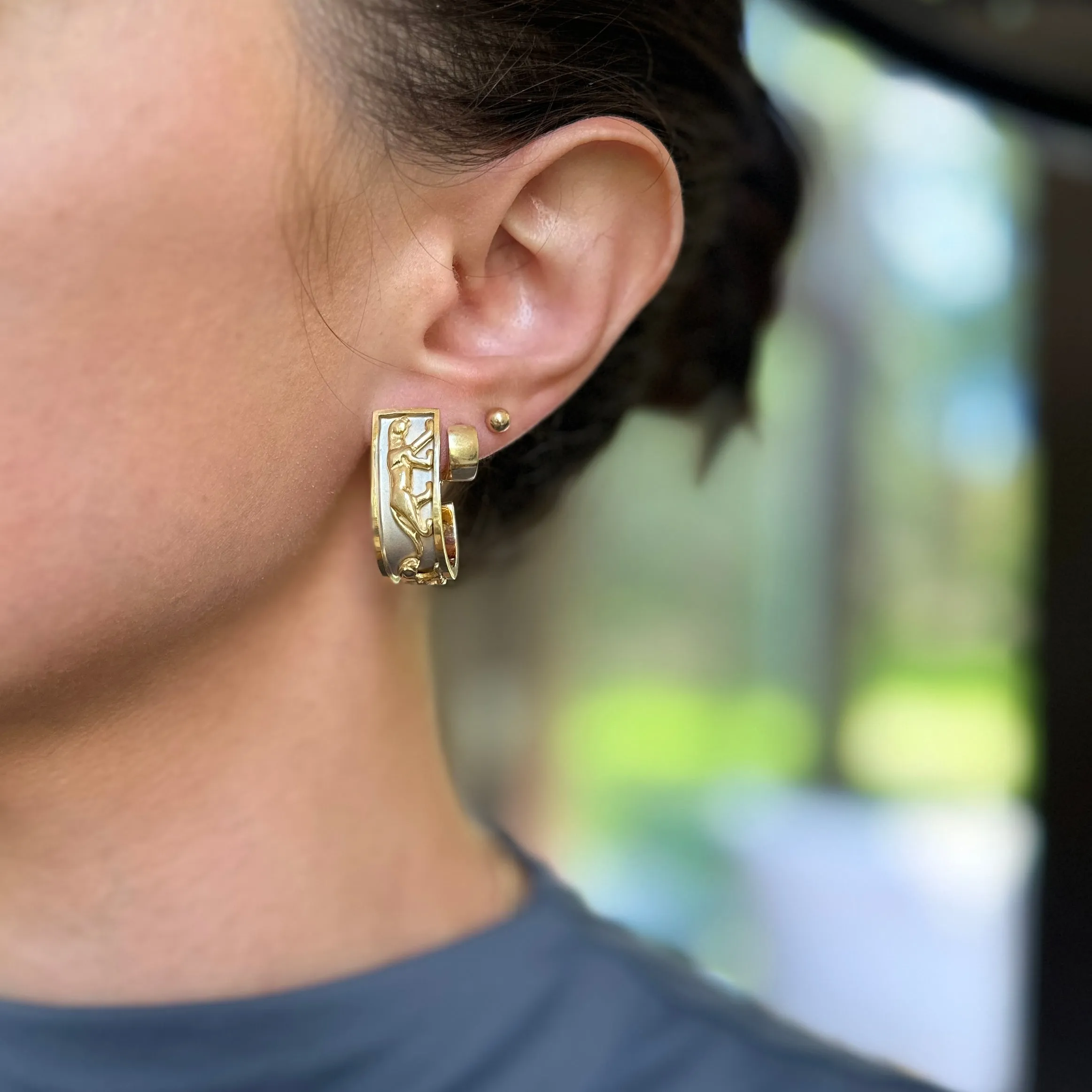 Estate 14KT Yellow   White Gold Panther Raised Design Hoop Earrings