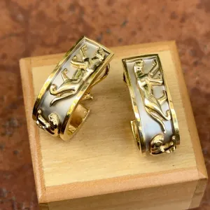 Estate 14KT Yellow   White Gold Panther Raised Design Hoop Earrings