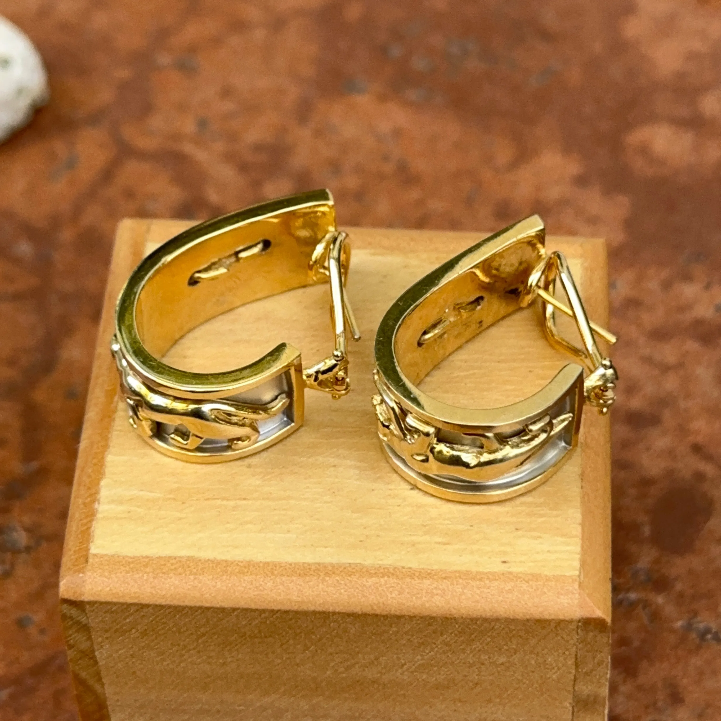 Estate 14KT Yellow   White Gold Panther Raised Design Hoop Earrings