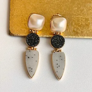 Estate Cambros 14KT Yellow Gold Druzy Geode and Mabe Pearl Dangle Earrings