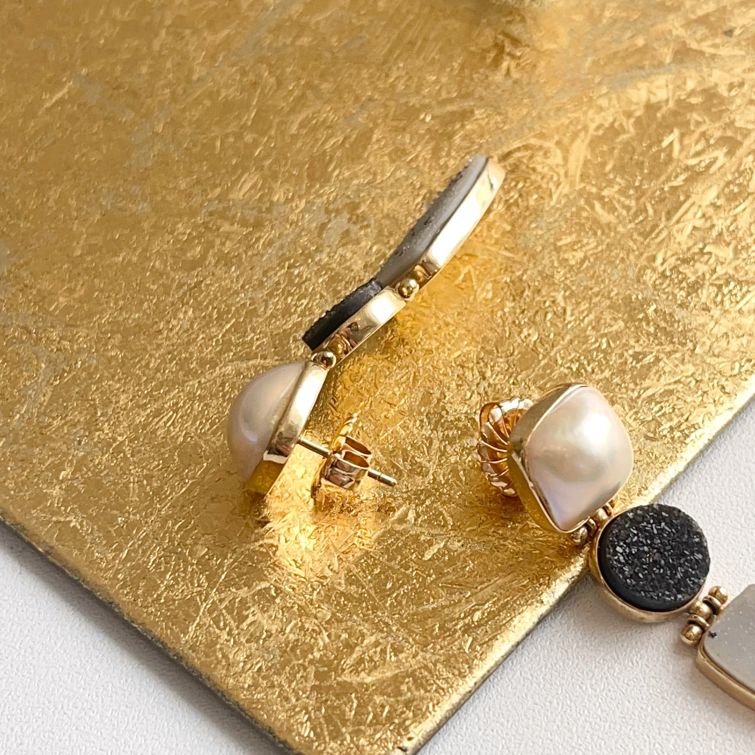 Estate Cambros 14KT Yellow Gold Druzy Geode and Mabe Pearl Dangle Earrings