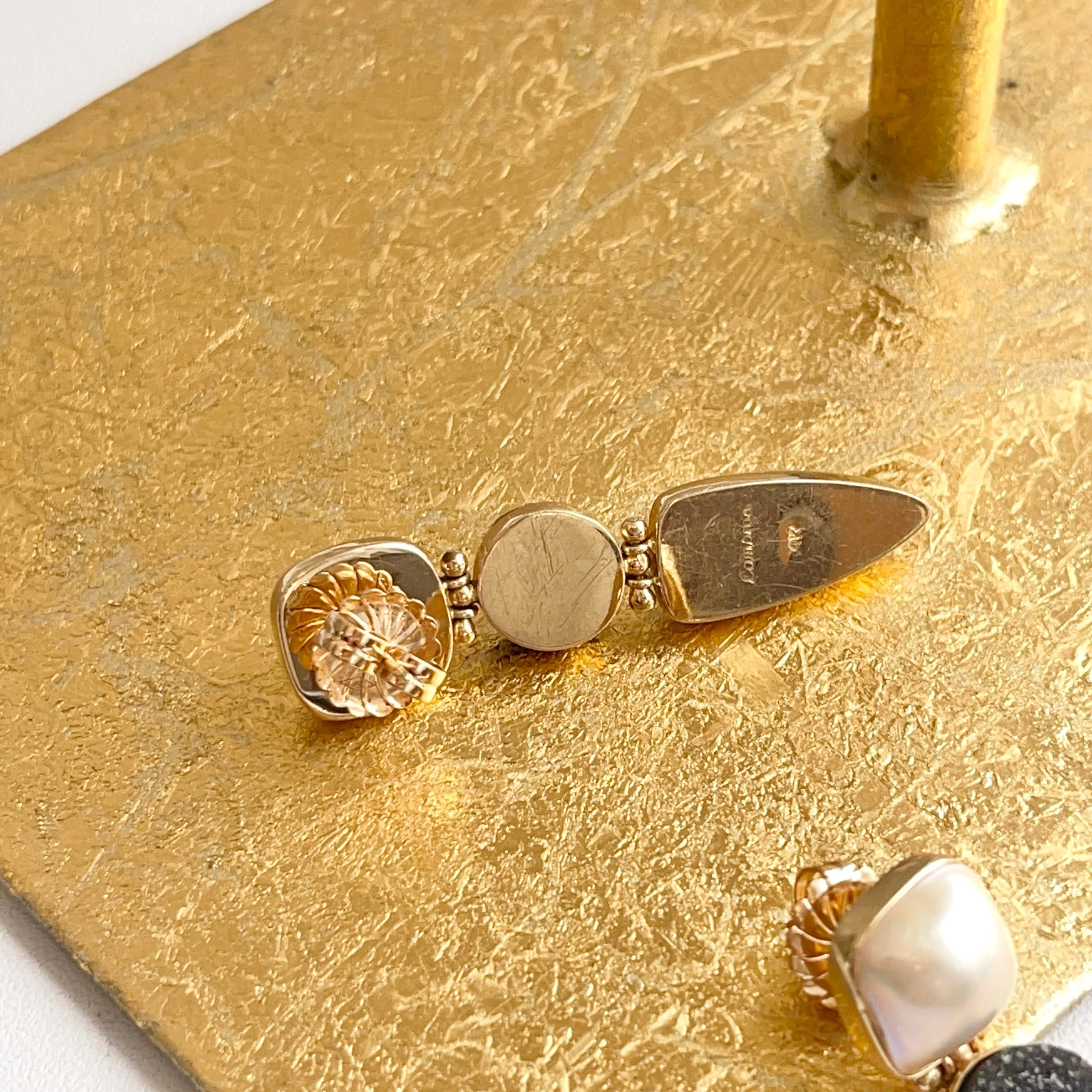 Estate Cambros 14KT Yellow Gold Druzy Geode and Mabe Pearl Dangle Earrings