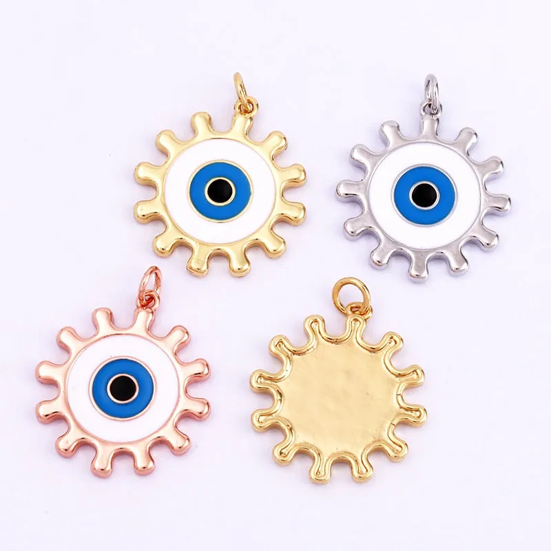 Exquisite 18K Gold Plated Evil Eye Gear Charm: Sparkling Cubic Zirconia Paved for Necklaces & Bracelets