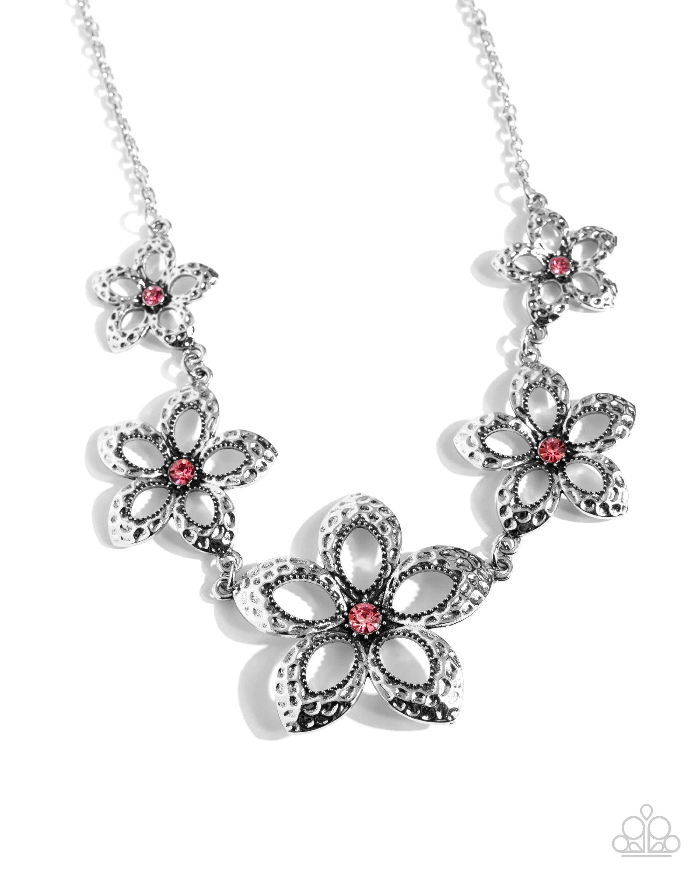 Faithful Florals - Pink - Rhinestone Center Antiqued Silver Flower Paparazzi Short Necklace